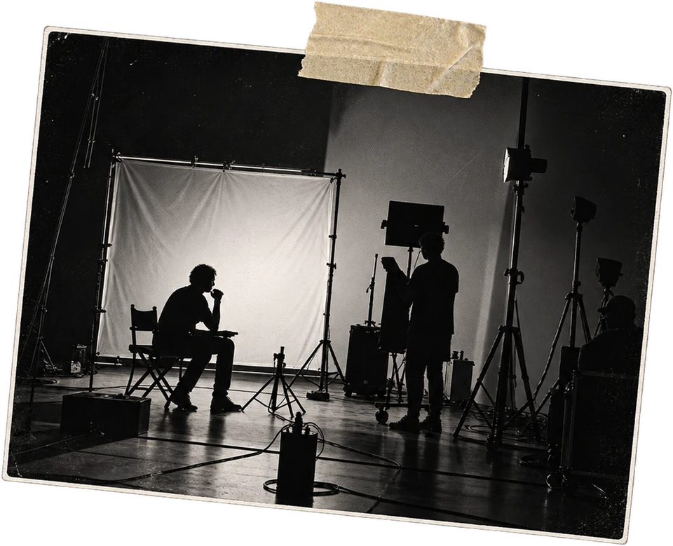 A quiet night on an INU Media set — one chair, one subject, a wall of lights.